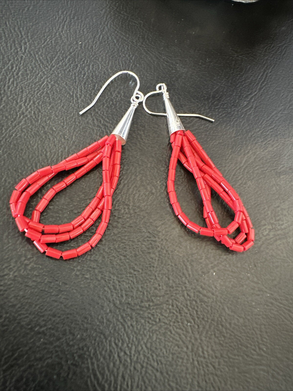 Native Red Coral Heishi 3S Tube Liquid Sterling Silver Dangle Earrings 2" 18198