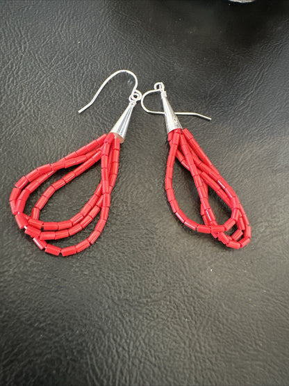 Native Red Coral Heishi 3S Tube Liquid Sterling Silver Dangle Earrings 2" 18198