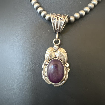 Purple Stone Pendant Navajo Pearls Sterling Silver Necklace 20” 18403