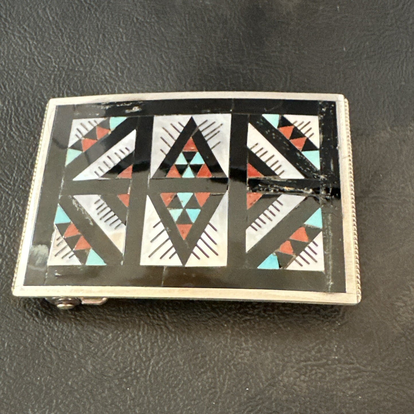 Zuni Black Onyx Belt Buckle Ranger Set Turquoise MOP Coral Sterling Silver 18141