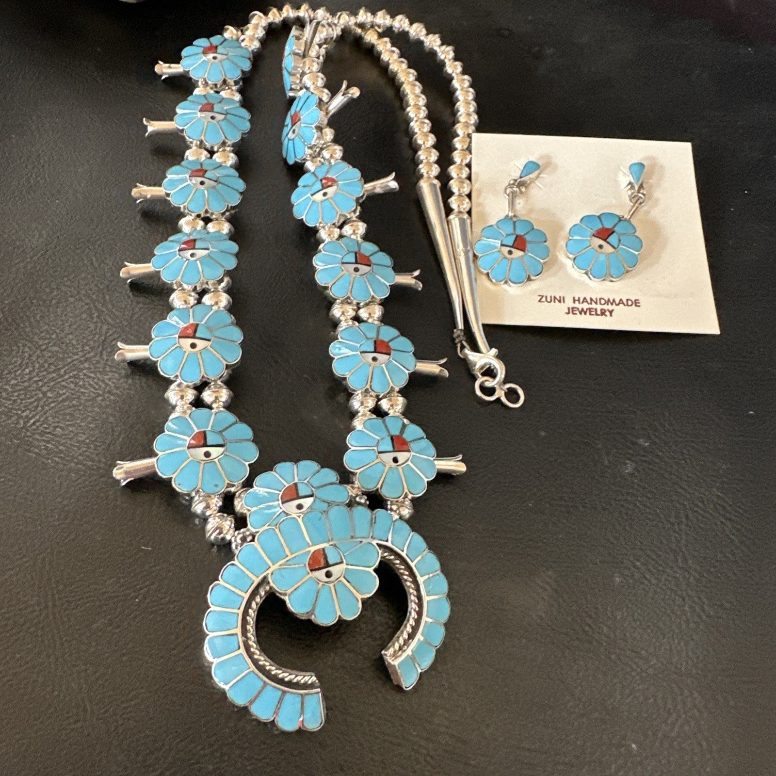 Old Pawn Sunface Turquoise Zuni Sterling Silver Squash Necklace Earrings 19289