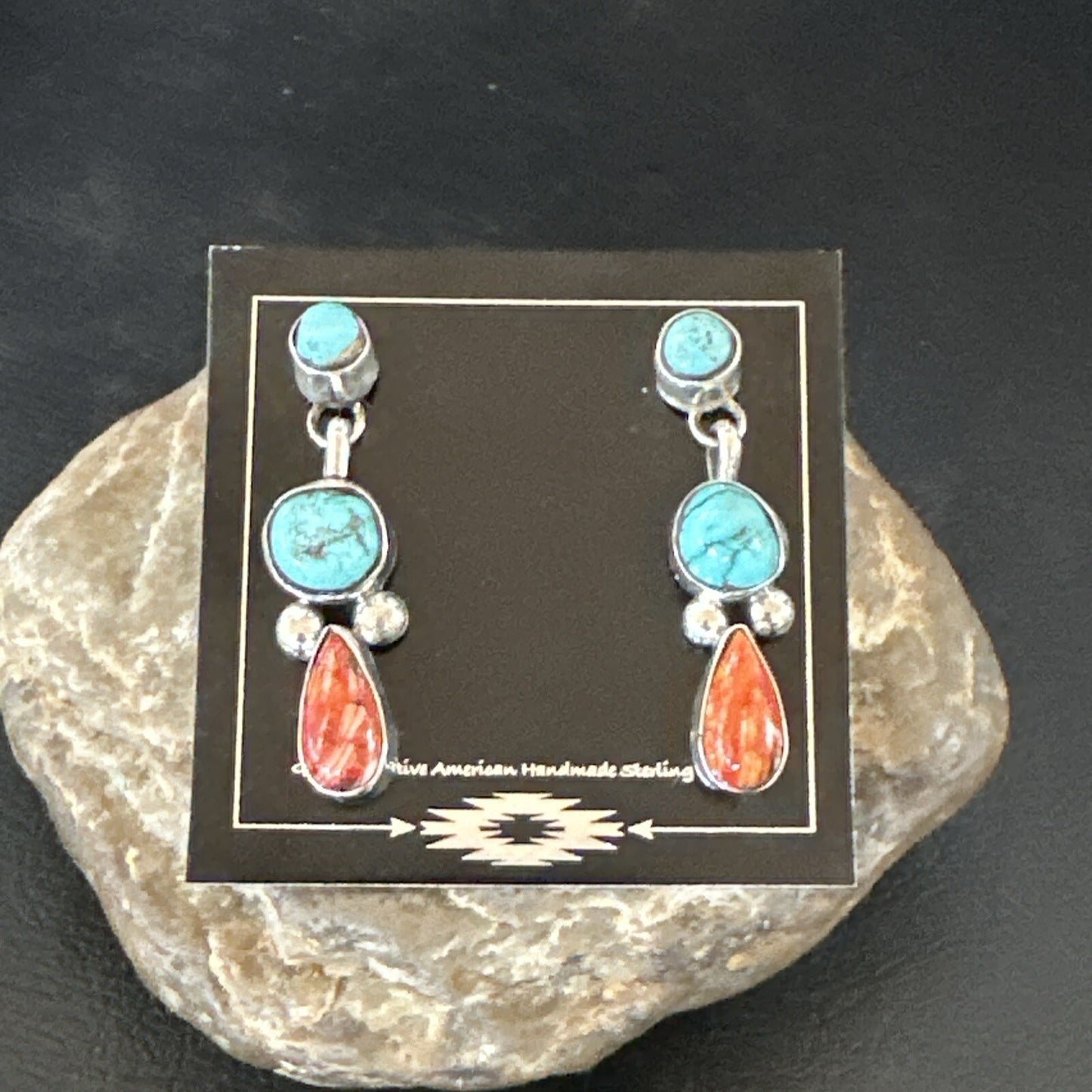 Blue Turquoise Red Spiny MultiColor Navajo Sterling Silver Inlay Earrings 18354