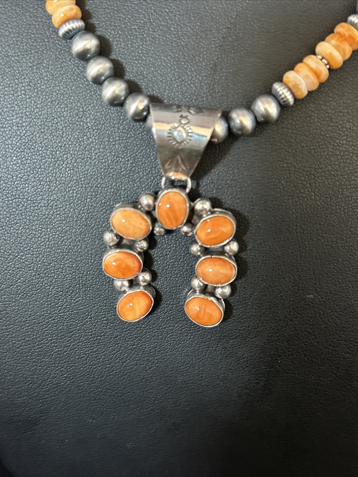 Orange Spiny Oyster Naja Pendant Navajo Pearls Sterling Silver Necklace 11346