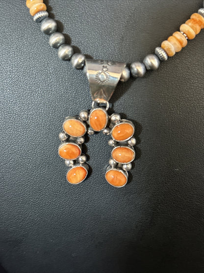 Orange Spiny Oyster Naja Pendant Navajo Pearls Sterling Silver Necklace 11346