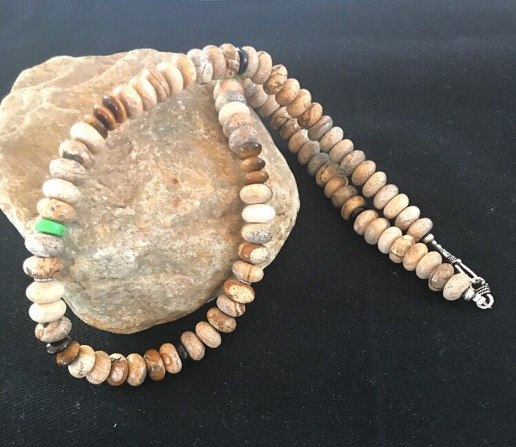 Turquoise Picture Jasper 10 mm Beads Mens Navajo Sterling Silver Necklace 03369
