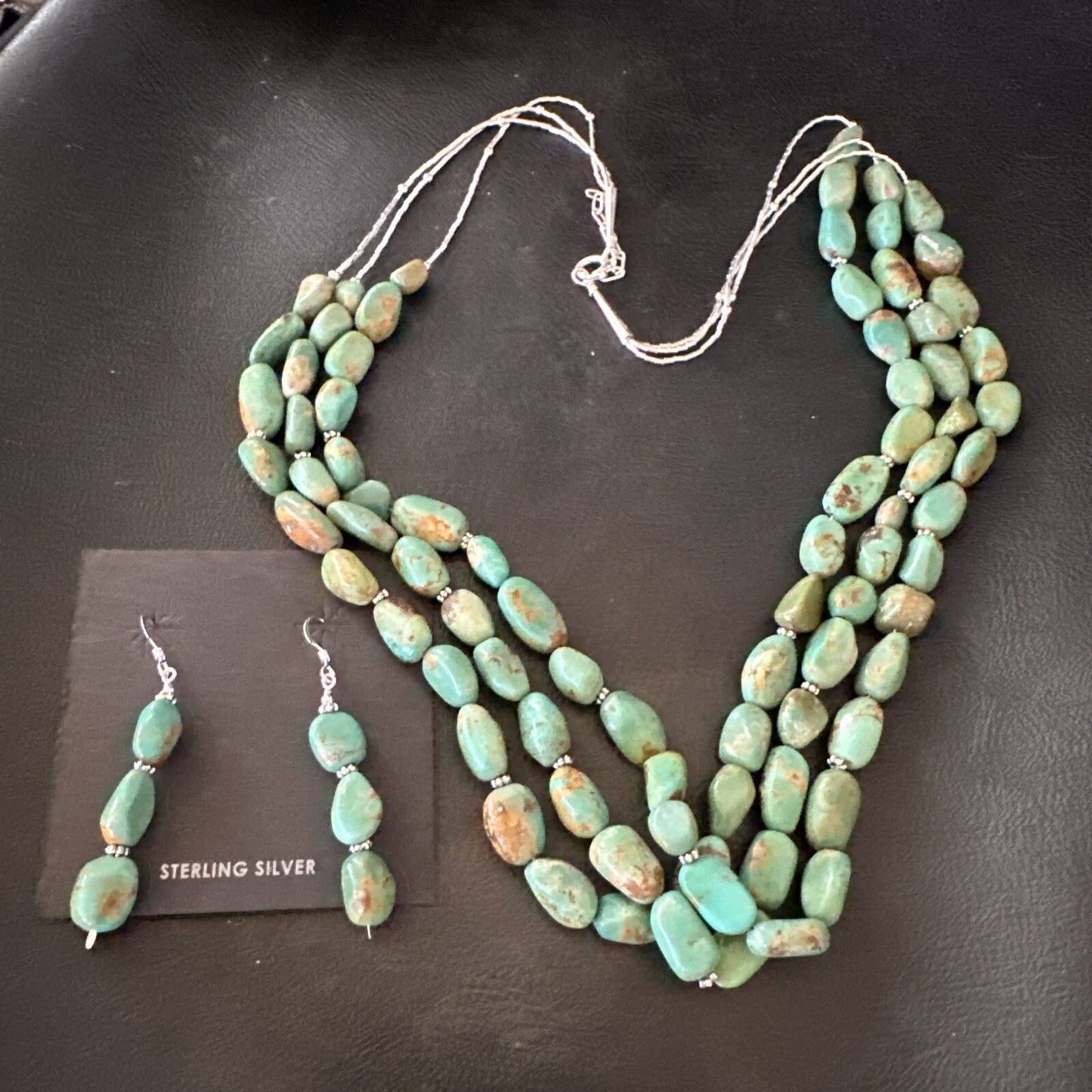 Green Turquoise Heishi 3S Navajo Sterling Silver 22" Necklace Earrings 18568