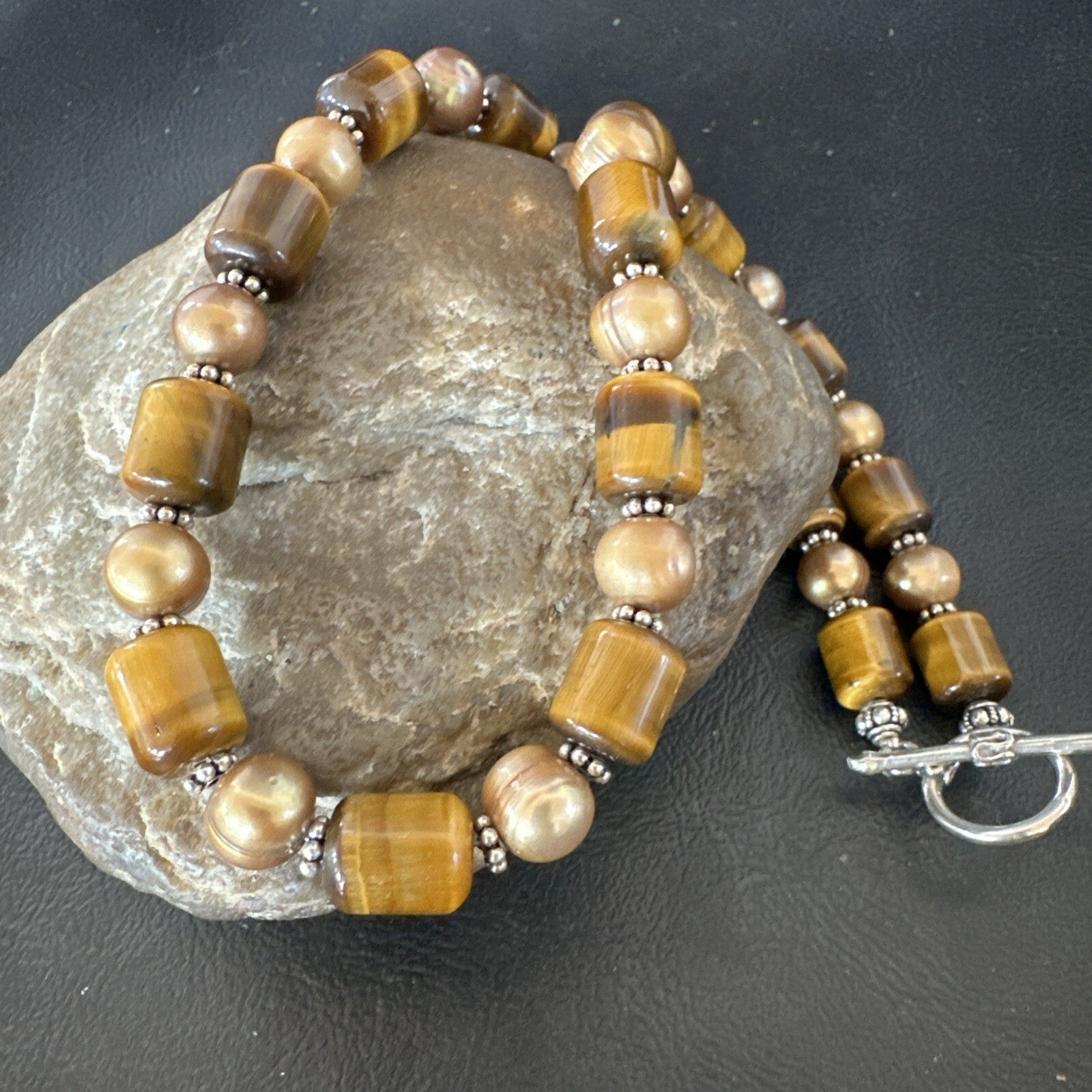 Coffee Tigers Eye Culture Pearl Sterling Silver Necklace Wrap Bracelet 17” 18737