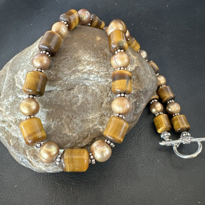 Coffee Tigers Eye Culture Pearl Sterling Silver Necklace Wrap Bracelet 17” 18737