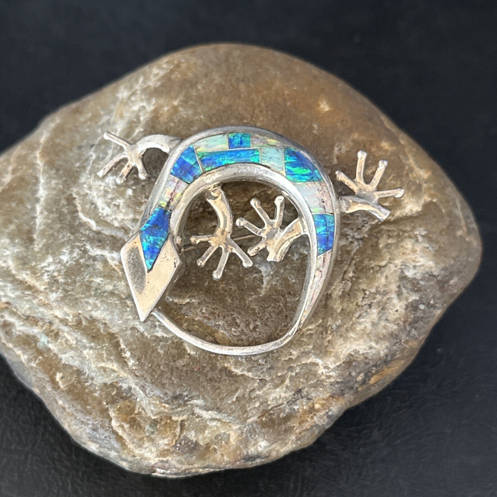 Navajo White Blue Opal Lizard Pin Pendant Inlay Gecko Sterling Silver 14336