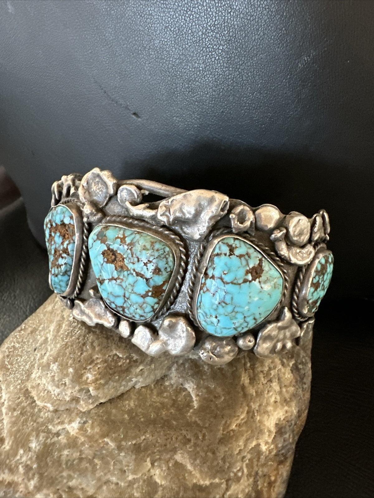 XL Blue Kingman Turquoise Old Pawn 5S Navajo Sterling Silver Cuff Bracelet 18144