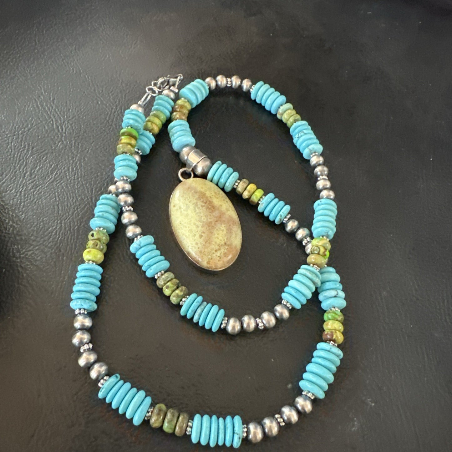 Green Gaspeite Pendant Blue Turquoise Navajo Sterling Silver Necklace 20" 19670