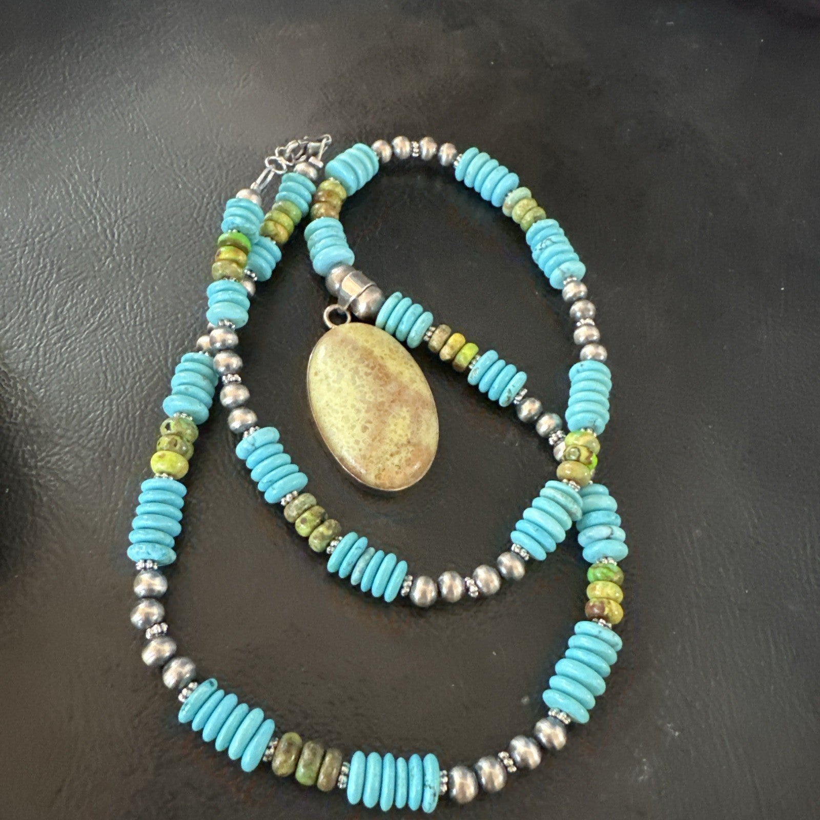 Green Gaspeite Pendant Blue Turquoise Navajo Sterling Silver Necklace 20" 19670
