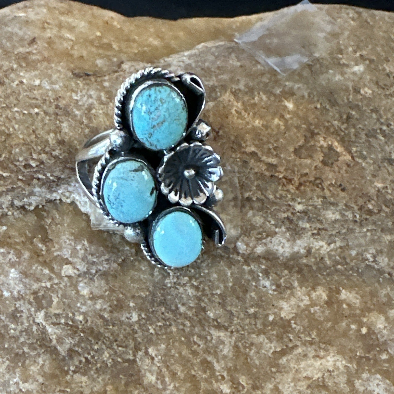 Yazzie Ring Blue Turquoise Navajo Sterling Silver Cluster Size 10 19218