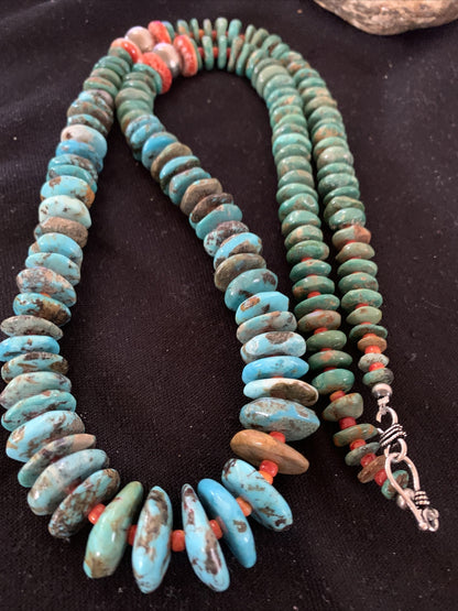 Blue Green Turquoise & Spiny Oyster Navajo Sterling Silver Necklace 28" 01671