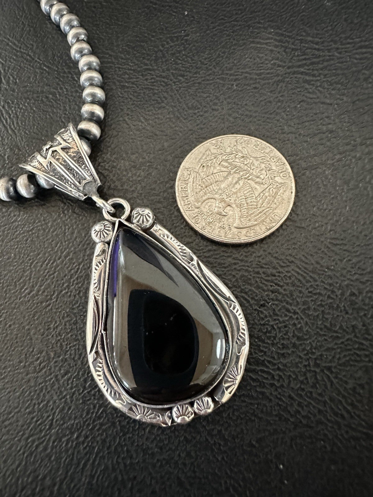 Black Onyx Pendant Navajo Pearls Sterling Silver Necklace 19386