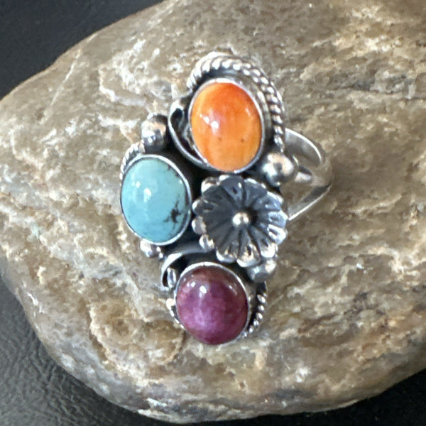 Multicolor Ring Turquoise Spiny Navajo Cluster Size 8.5 | Sterling Silver | Authentic Native American Handmade | 19167