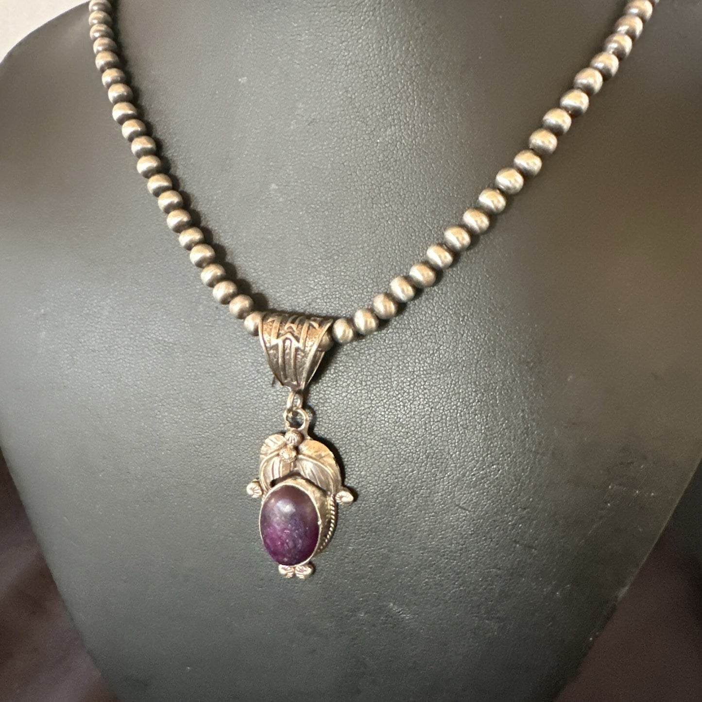 Purple Stone Pendant Navajo Pearls Sterling Silver Necklace 20” 18181