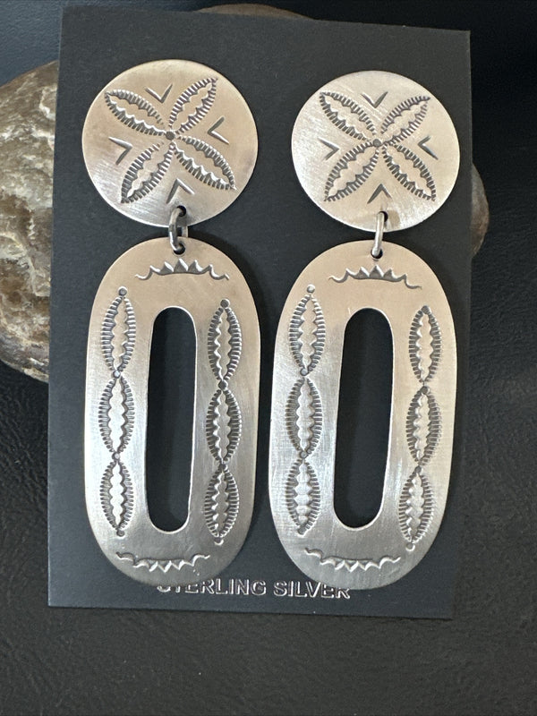 Navajo Stamped Stamped Handmade Earrings 2.75" | Sterling Silver | Authentic Native American Handmade | 17857