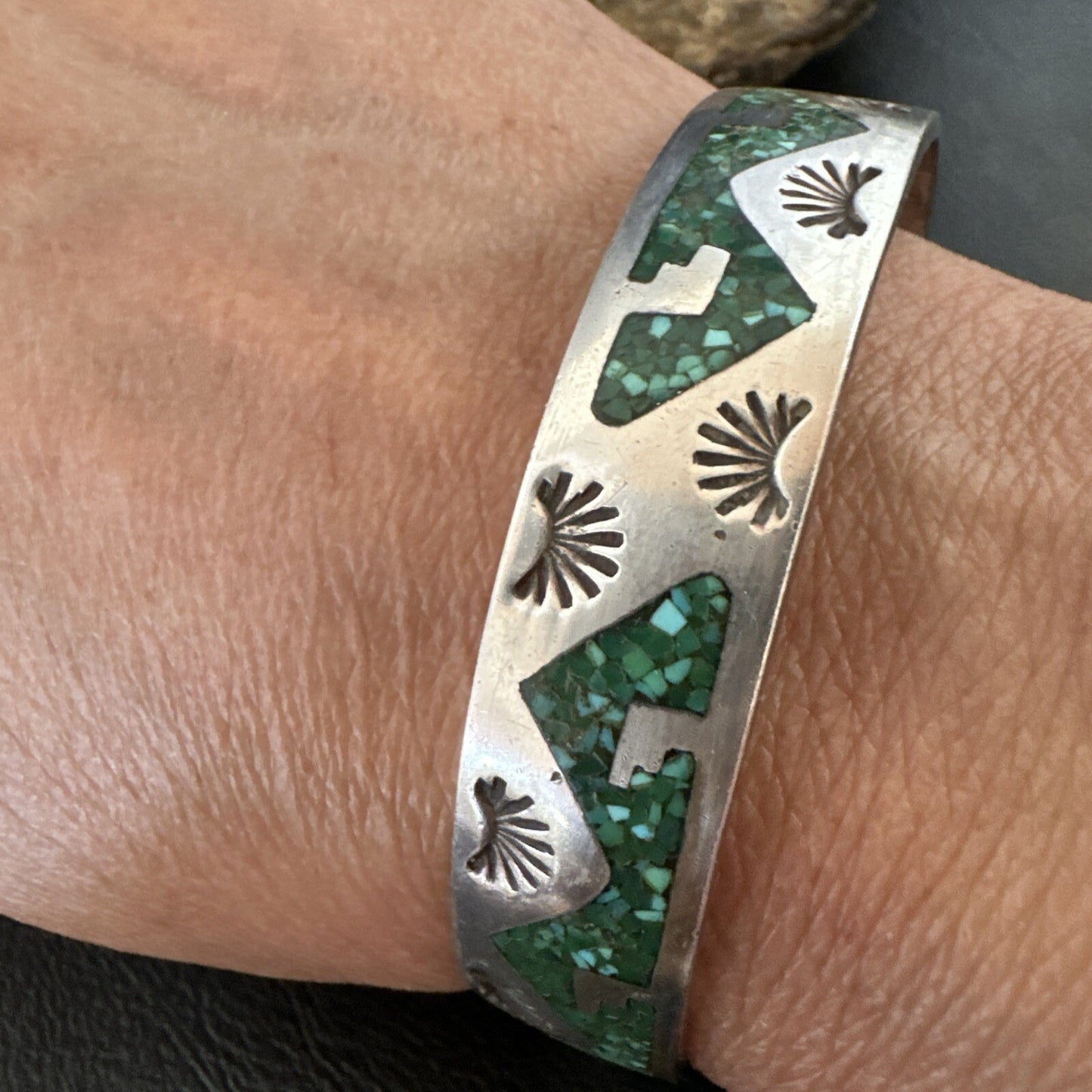 Navajo Old Pawn Sterling Handmade Blue Turquoise Chip Inlay Bracelet 18122