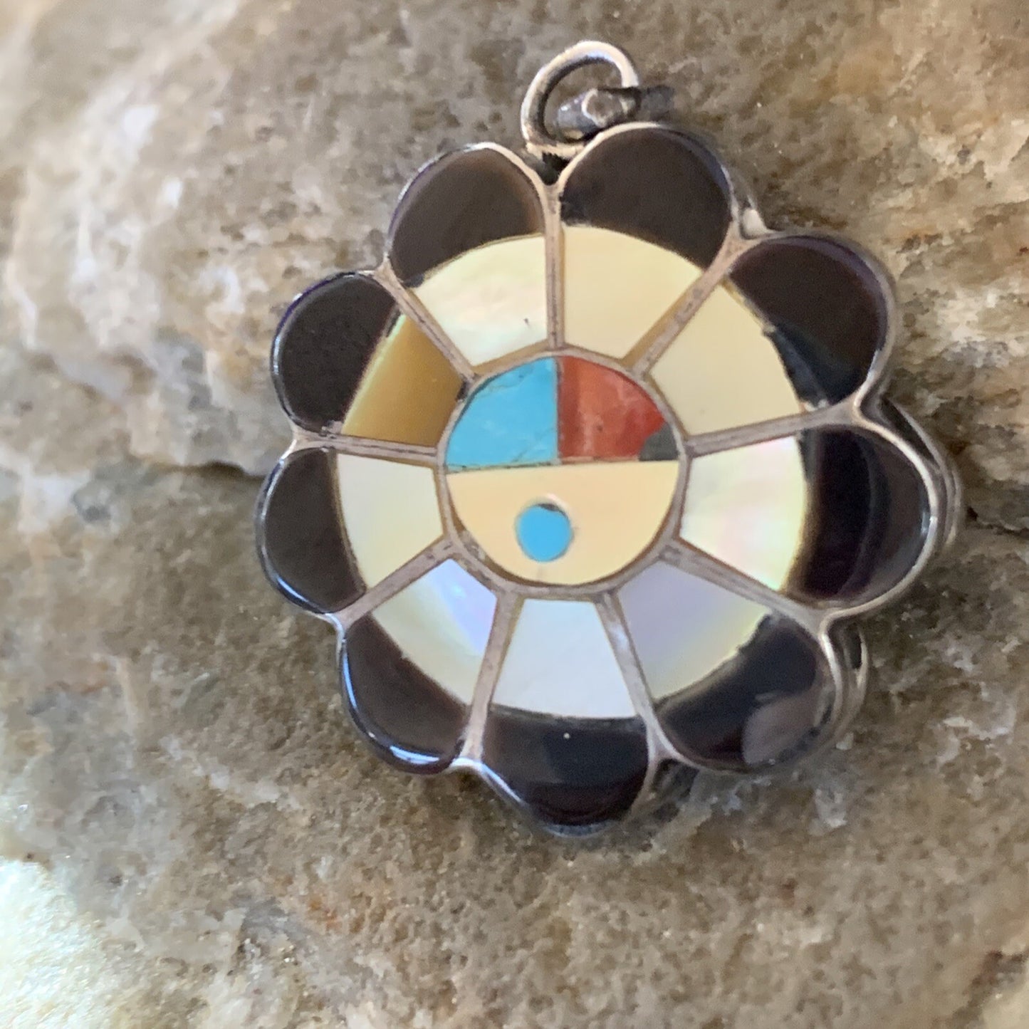 Mother Of Pearl Turquoise Spiny Inlay Zuni Sterling Silver 2 Sided Pendant 1682