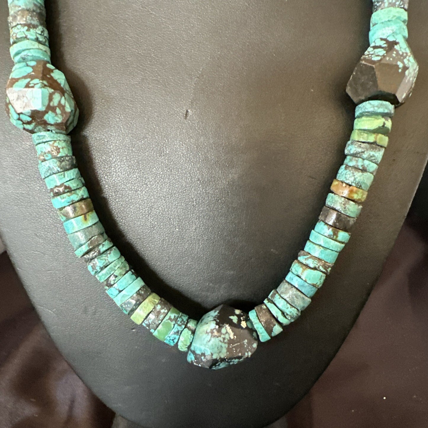 Native Turquoise Nugget Heishi Bead Navajo Sterling Silver Necklace 17745