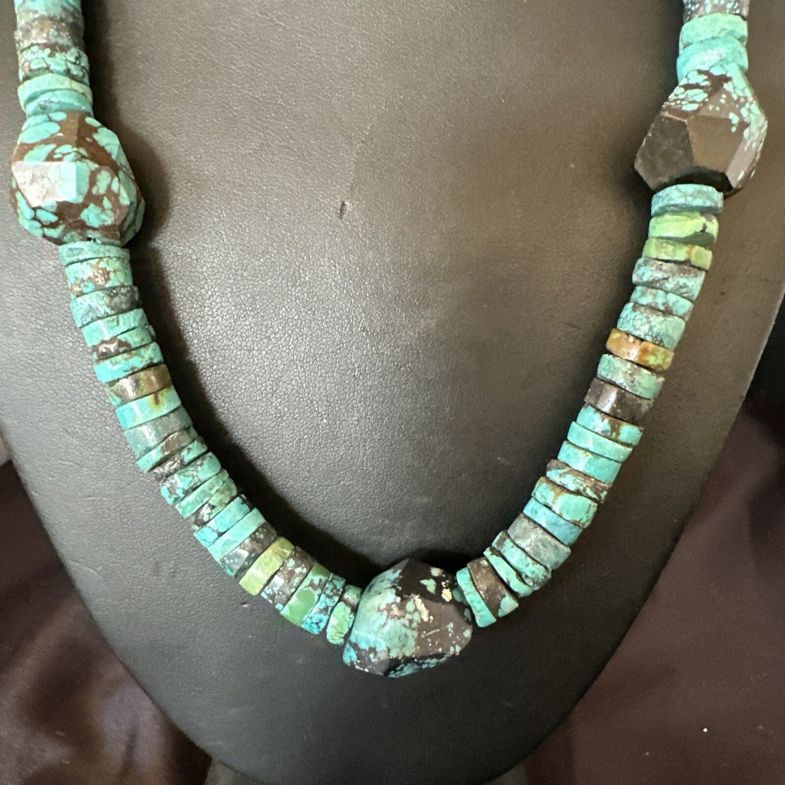 Native Turquoise Nugget Heishi Bead Navajo Sterling Silver Necklace 17745
