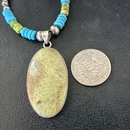 Green Gaspeite Pendant Blue Turquoise Navajo Sterling Silver Necklace 20" 19671
