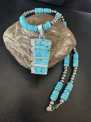 Blue Turquoise Opal Inlay Pendant Navajo Necklace | Sterling Silver | Authentic Native American Handmade | 19512
