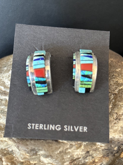 Blue Turquoise & Spiny Oyster Navajo Sterling Silver Inlay Earrings 1” 14765