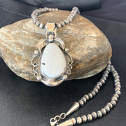 Men White Buffalo Turquoise Pendant Beads Necklace 12668N | Sterling Silver | Authentic Native American Handmade