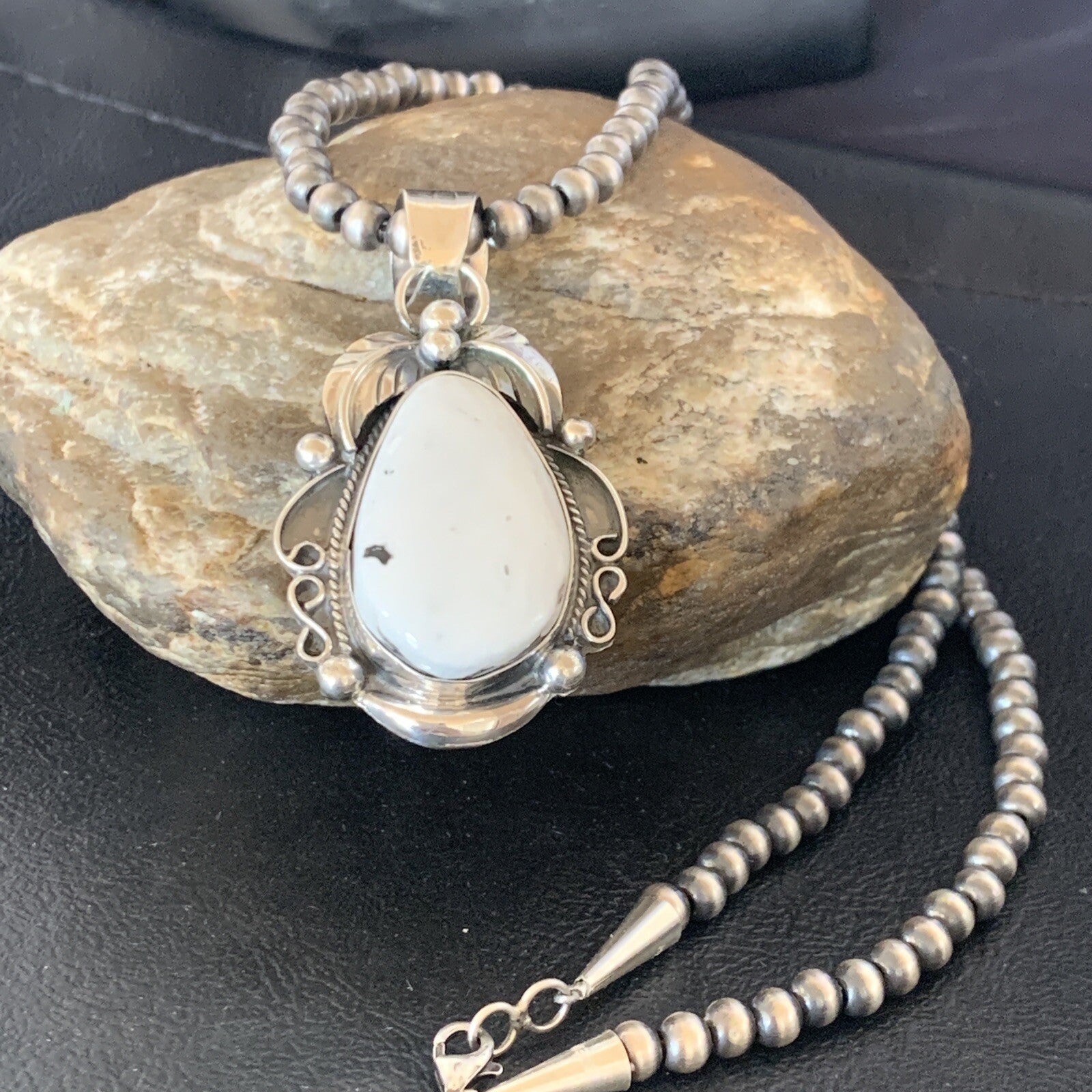 Men White Buffalo Turquoise Pendant Sterling Silver Beads Necklace 12668N