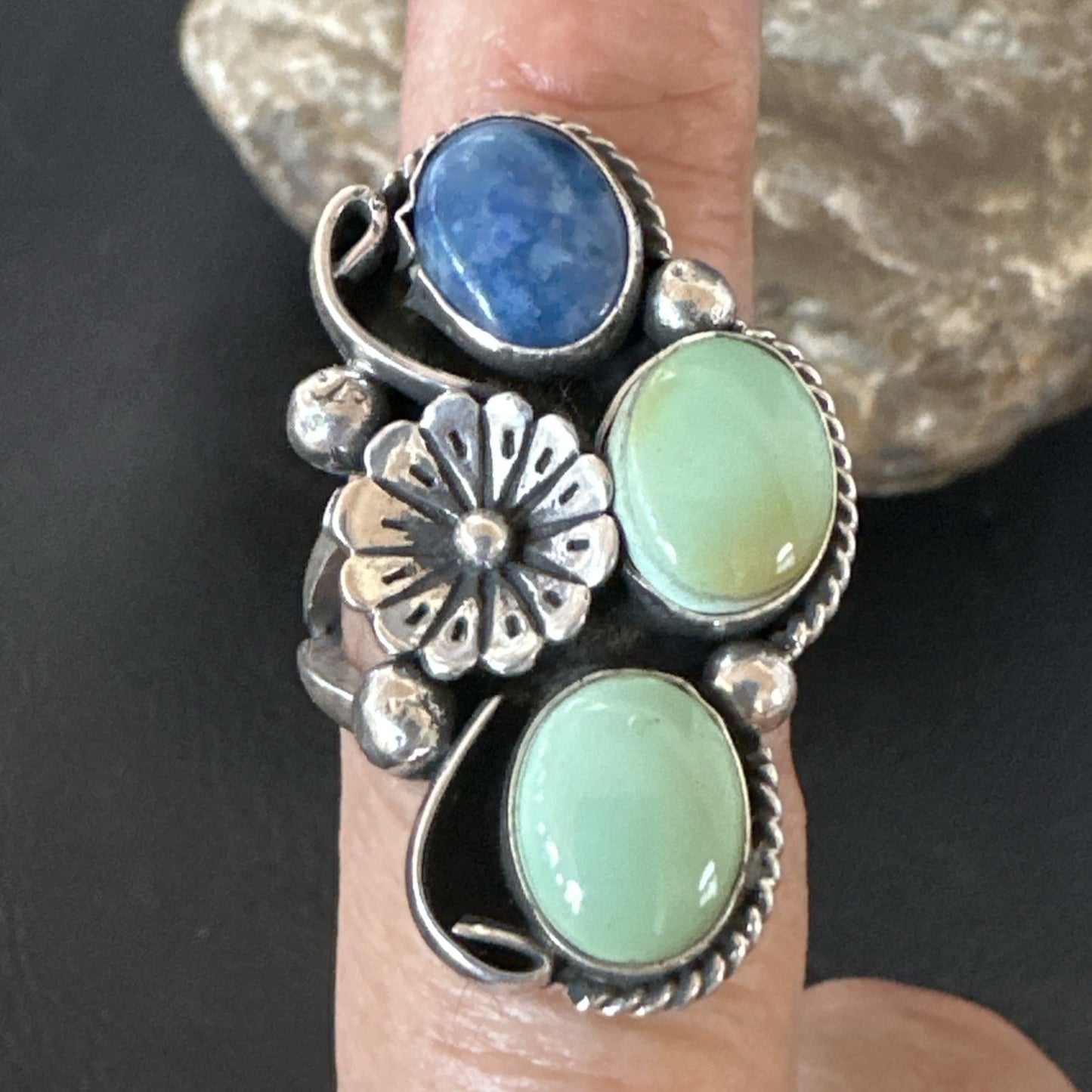 Yazzie Ring Green Turquoise Lapis Navajo Sterling Silver Cluster Size 8 19224