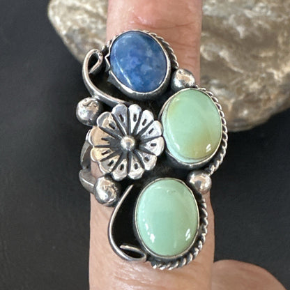 Yazzie Ring Green Turquoise Lapis Navajo Sterling Silver Cluster Size 8 19224