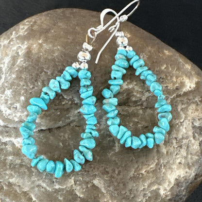 Blue Turquoise Nugget Sterling Silver Beads Navajo Earrings 1" 17900
