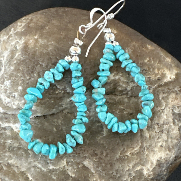 Blue Turquoise Nugget Beads Navajo Earrings 1" | Sterling Silver | Authentic Native American Handmade | 17900