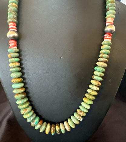 Green Turquoise Red Spiny Oyster Navajo Sterling Silver Necklace 21" 18360