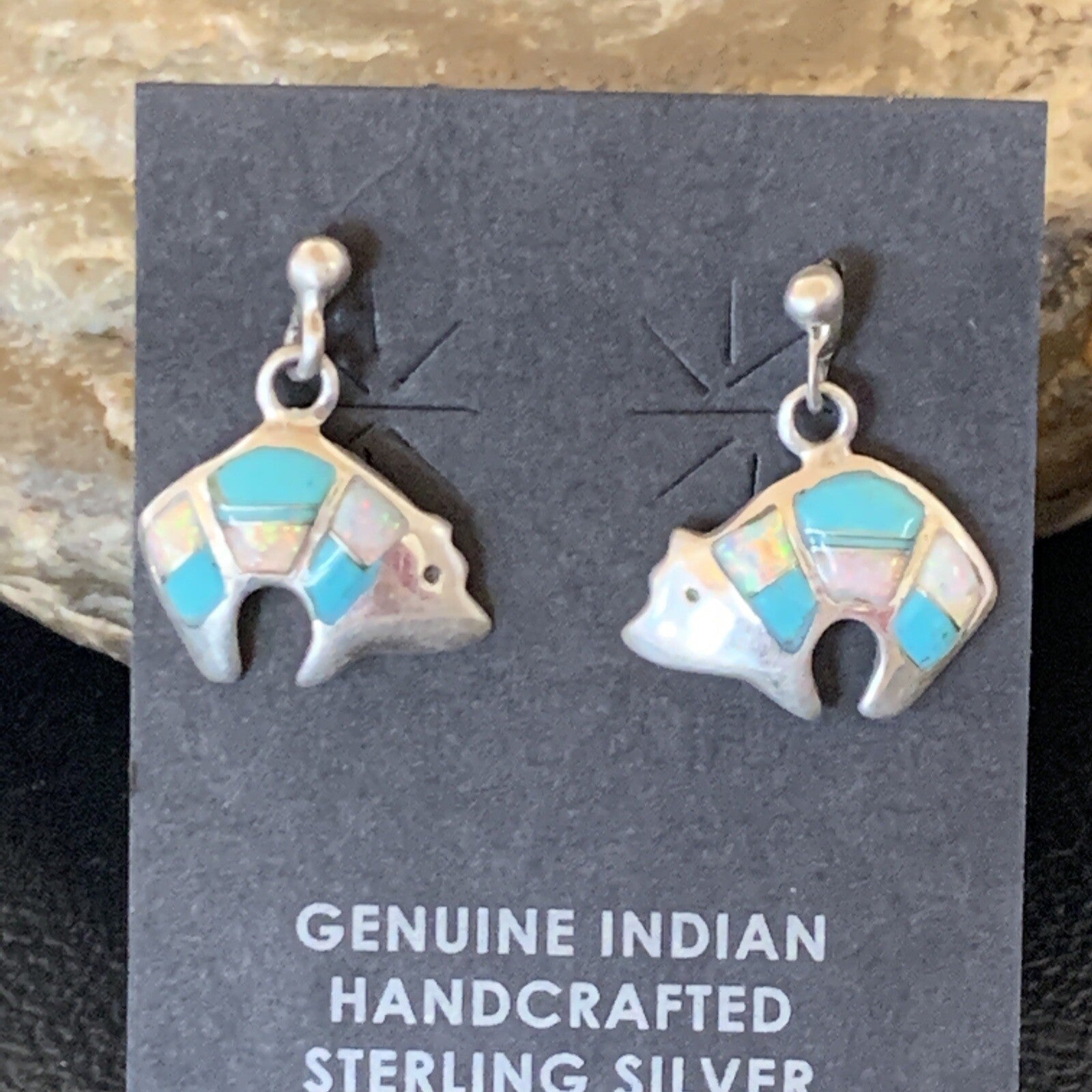 Womens Turquoise White Opal Inlay Navajo Sterling Silver Dangle Earrings 12773