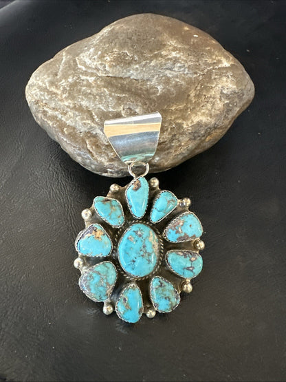 New Cluster  Blue Turquoise Navajo Sterling Silver Pendant 2.75” 19118