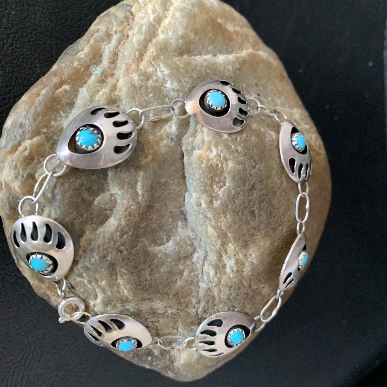Turquoise BearPaw Navajo Sterling Silver Link Bracelet 08693