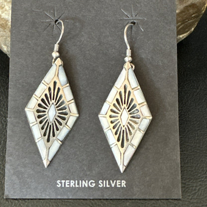 White Mother of Pearl Navajo Sterling Silver Dangle Inlay Earrings 19014