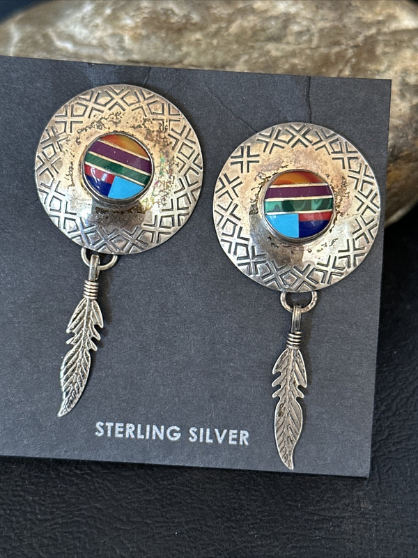 Blue Turquoise Spiny Oyster Navajo Inlay Earrings 2" | Sterling Silver | Authentic Native American Handmade | 14762
