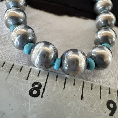 Blue Turquoise 10mm Round Sterling Silver Beads Necklace 20” 92407