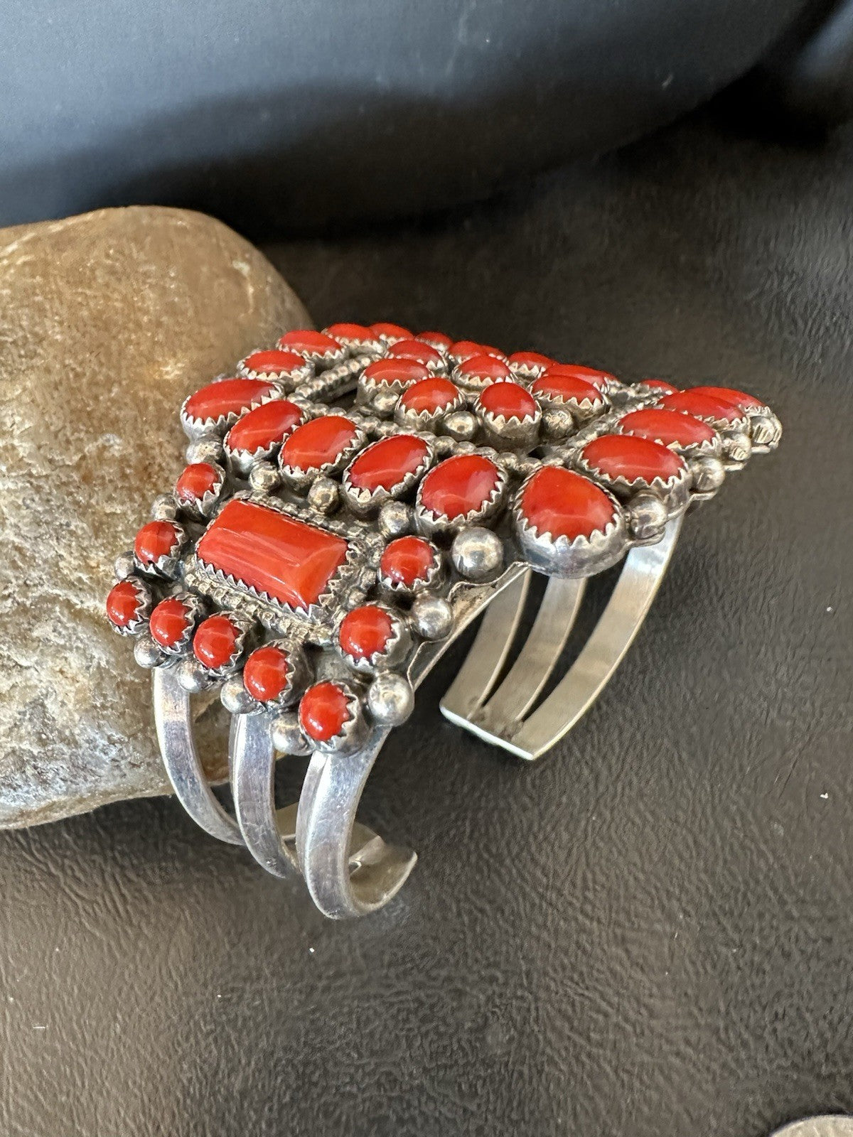 Mens Womens Red Coral Navajo Sterling Silver Cluster Cuff Bracelet 7.25" 19426