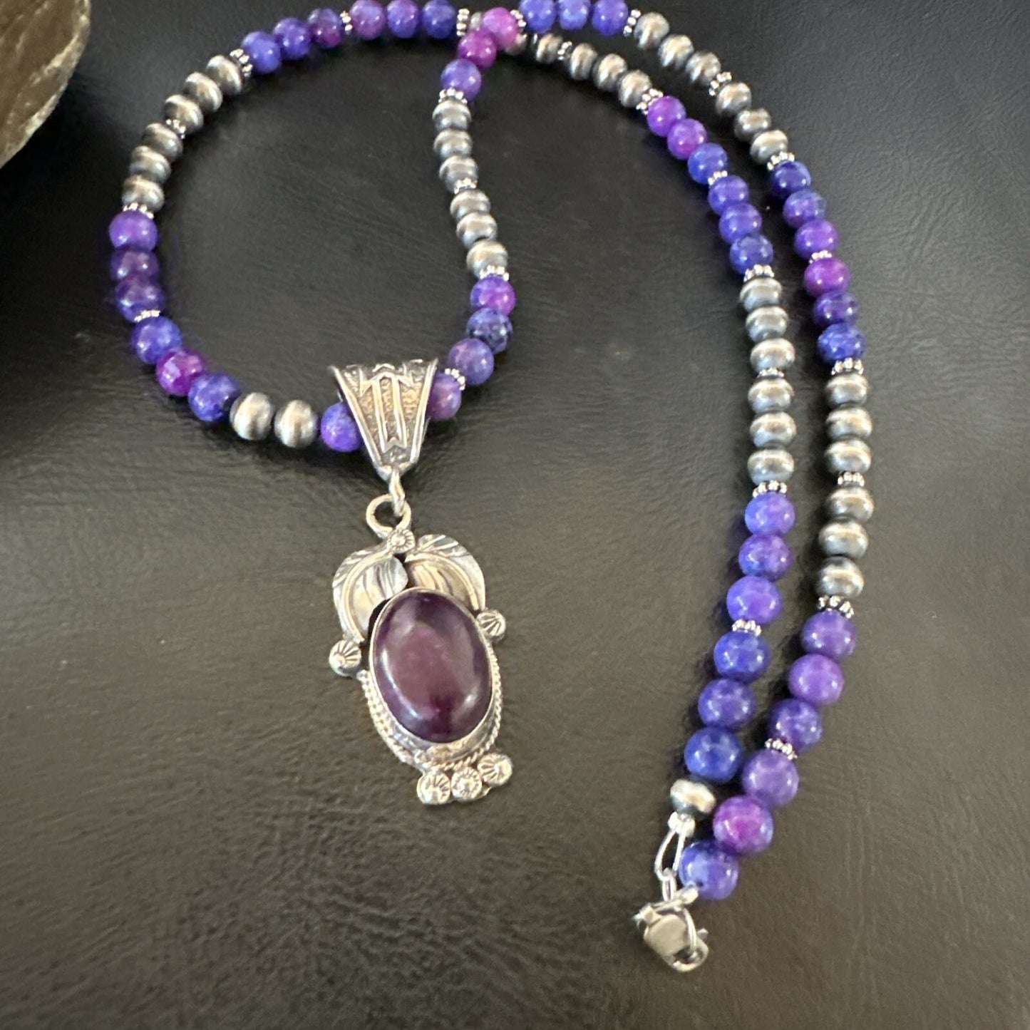 Purple Stone Pendant Navajo Pearls Sterling Silver Necklace 18387