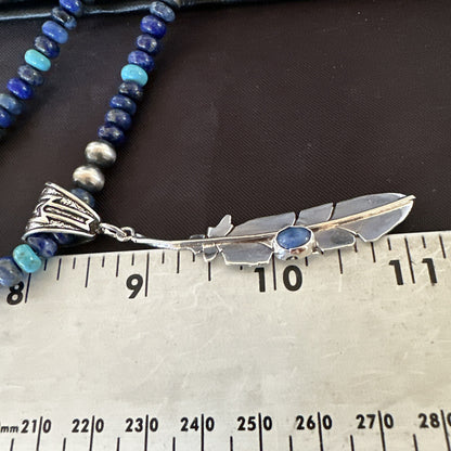 Blue Turquoise Lapis Feather Pendant Navajo Sterling Silver Necklace 21” 17789