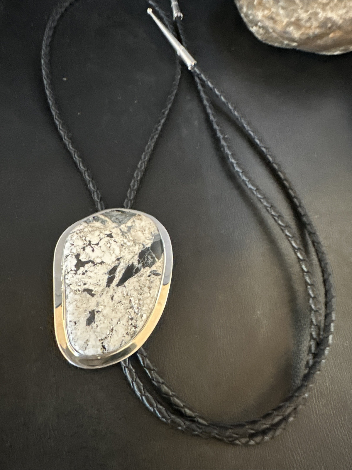 Mens BOLO TIE WHITE BUFFALO TURQUOISE Sterling Silver Navajo 2.5 in 15005