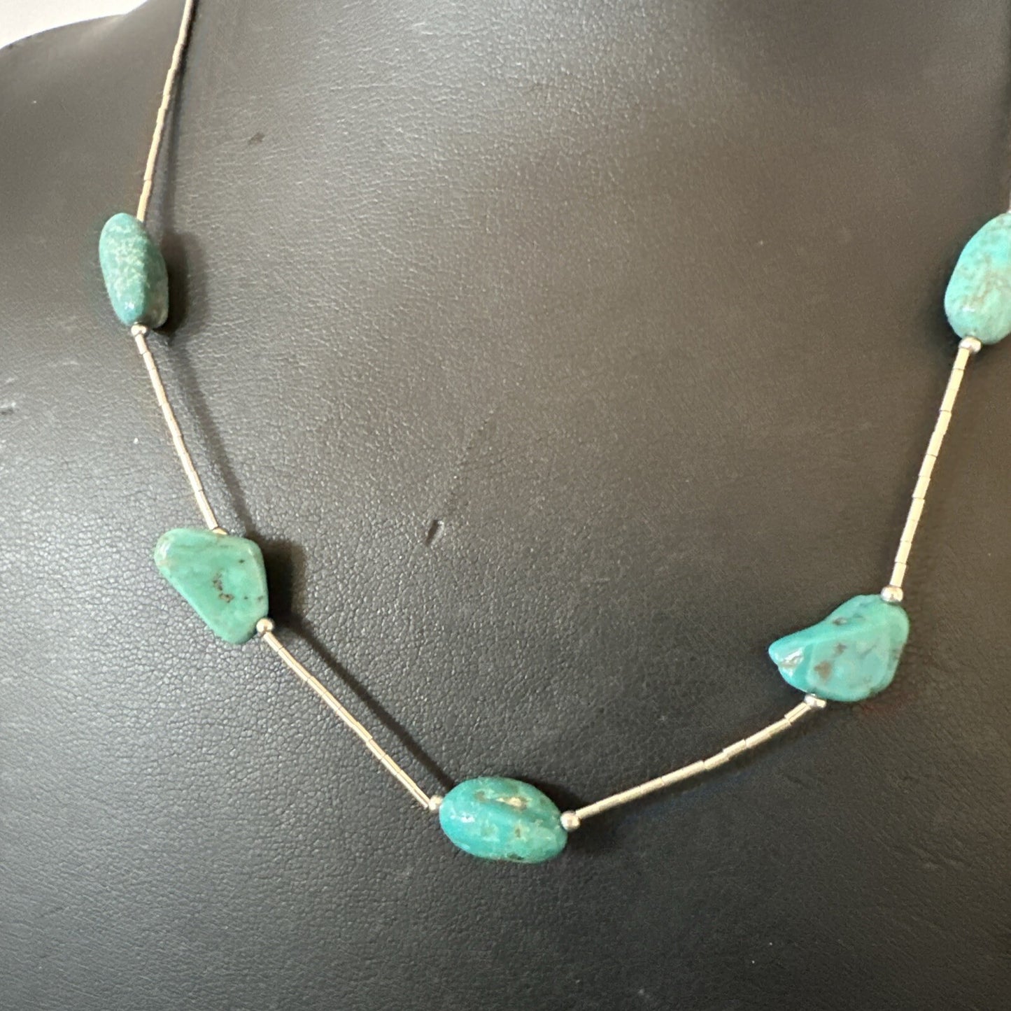 Turquoise Liquid Heishi Sterling Silver Nugget  17" Necklace 2930
