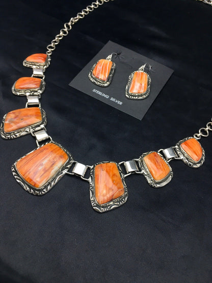Orange Spiny Oyster Navajo Sterling Silver Necklace & Earring Set 02691