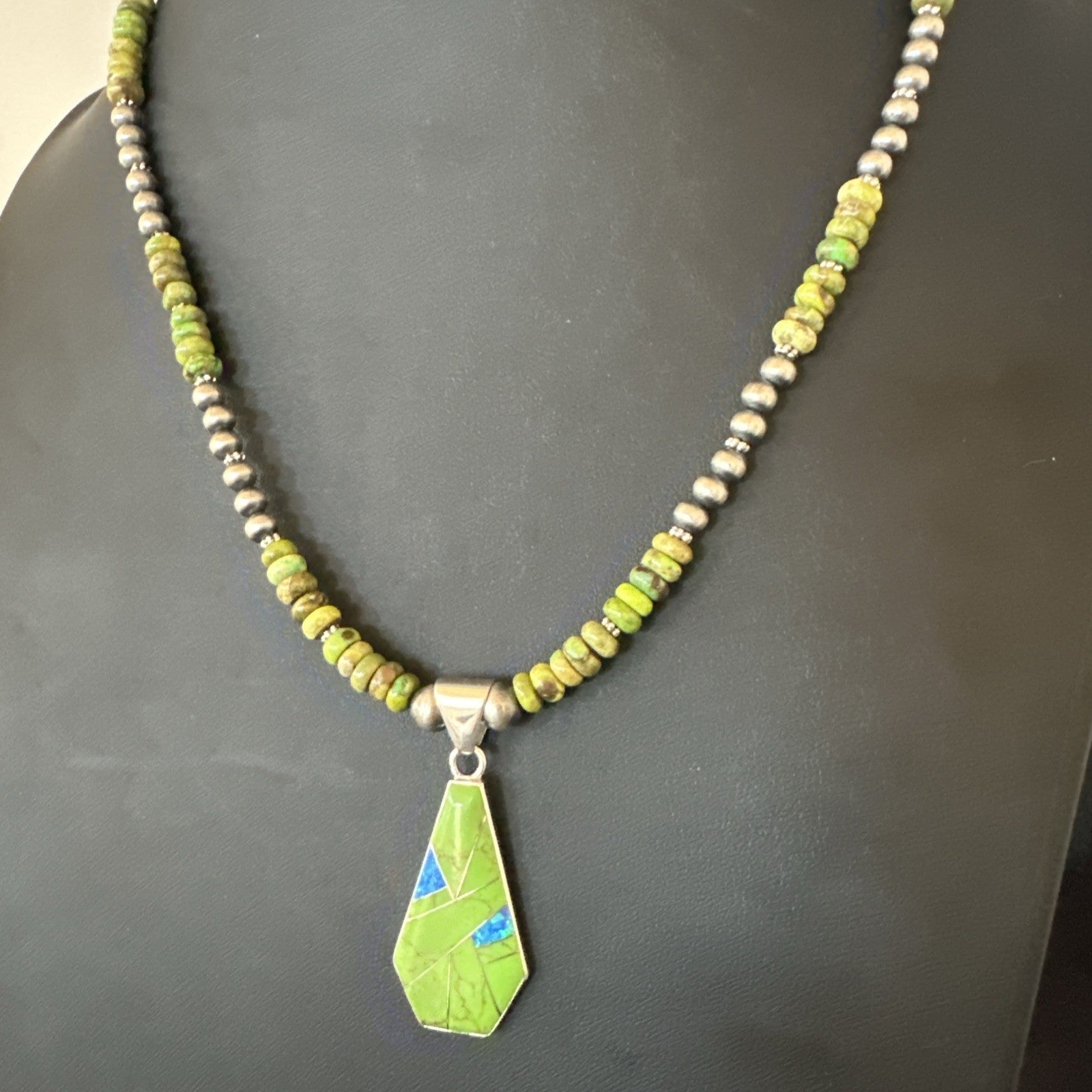 Womens Green Gaspeite Turquoise Pendant Navajo Sterling Silver Necklace 19546