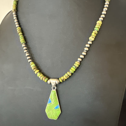 Womens Green Gaspeite Turquoise Pendant Navajo Sterling Silver Necklace 19546
